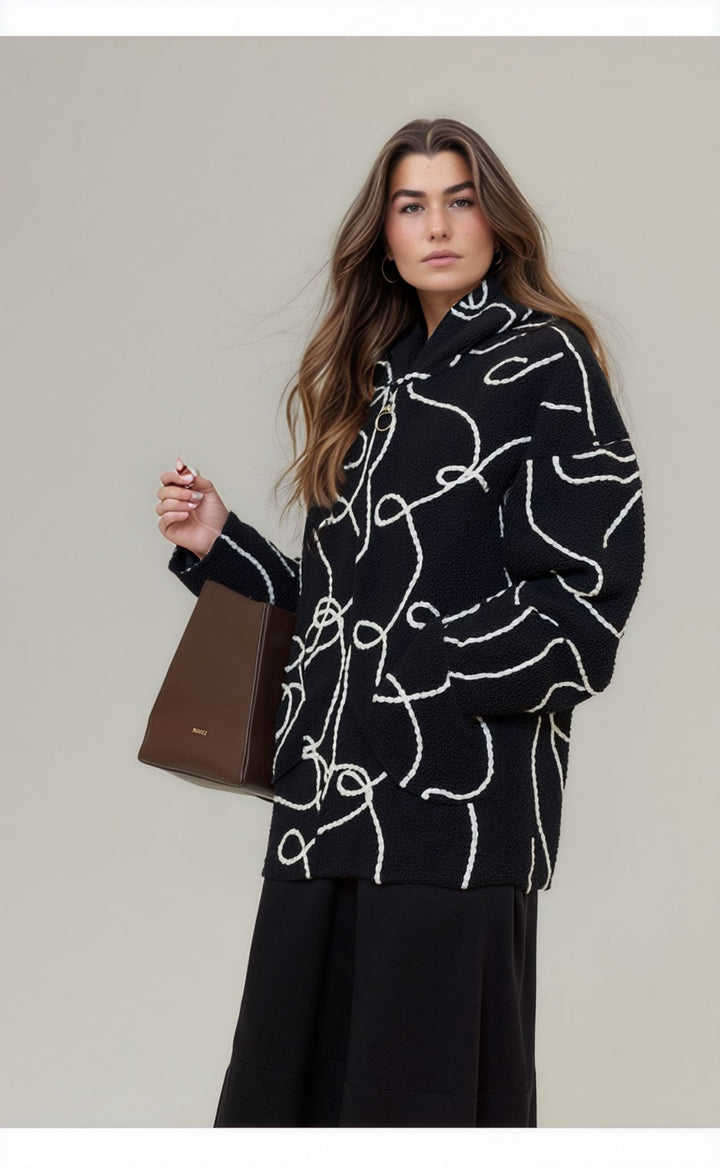 Black Bouclé Fleece Zip Up Hooded Jacket