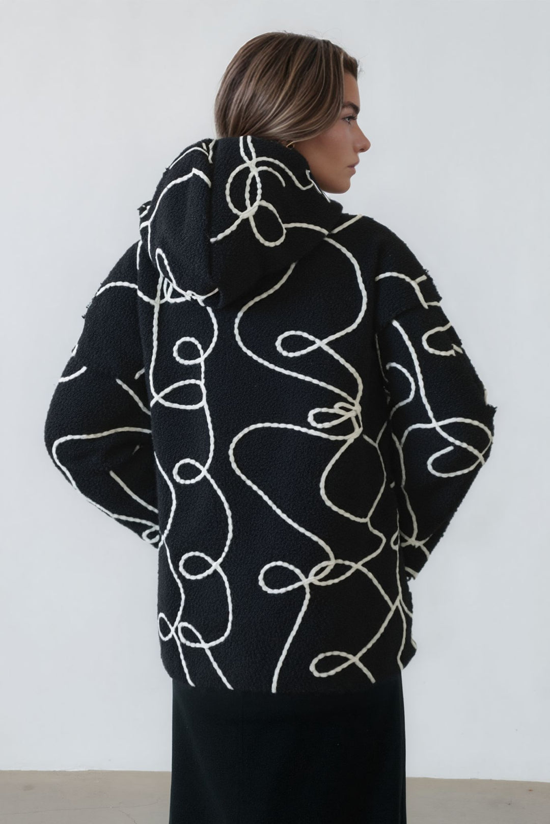 Black Bouclé Fleece Zip Up Hooded Jacket