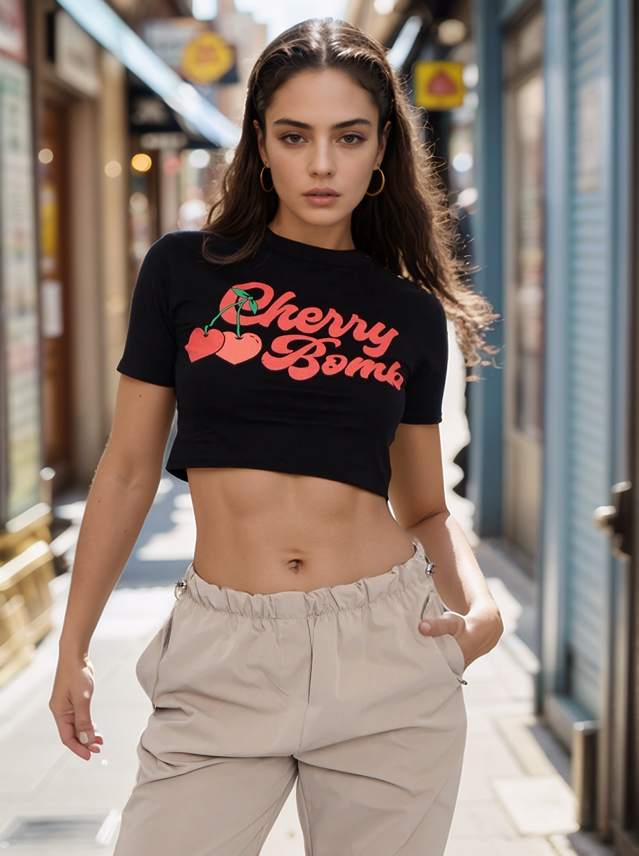 Black Cherry Bomb Graphic Printed Crop Top