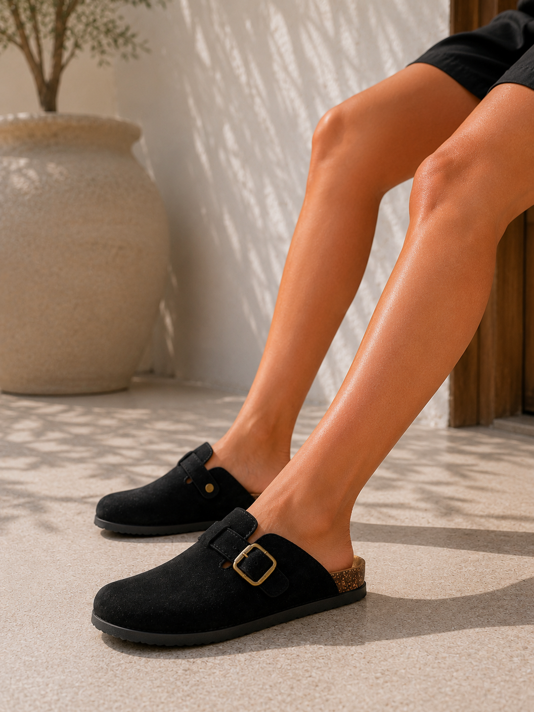 Black Comfort Buckle Cork Footbed Clogs Slip-On Faux Suede Mules