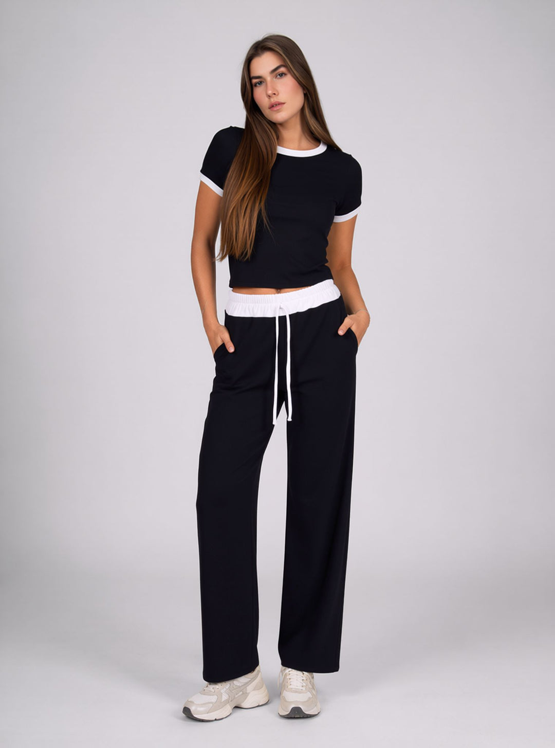 Black Contrast Trim Lounge Set with Wide Leg Pants & Cropped T-Shirt Co-ord