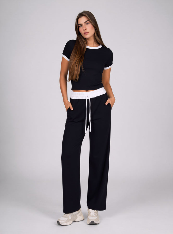 Black Contrast Trim Lounge Set with Wide Leg Pants & Cropped T-Shirt Co-ord