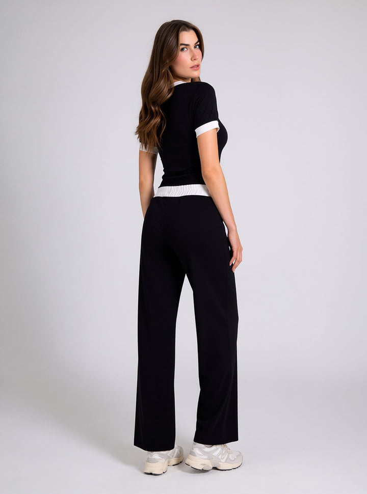Black Contrast Trim Lounge Set with Wide Leg Pants & Cropped T-Shirt Co-ord