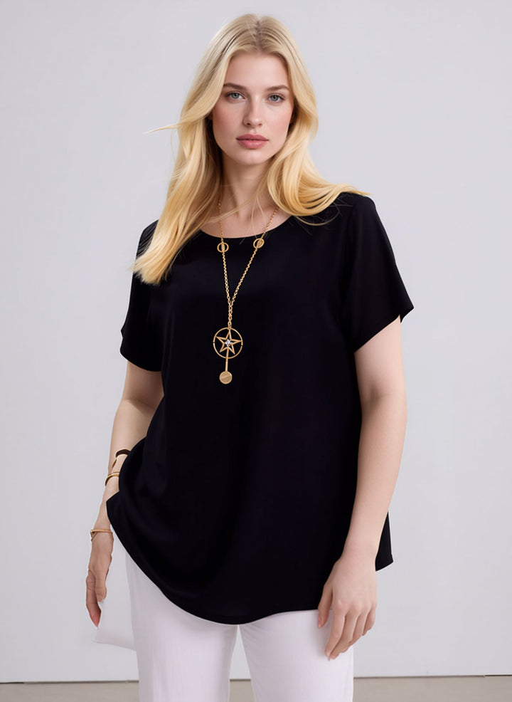 Black Crew Neck Casual Short Sleeve Loose Fit Summer Top with Necklace