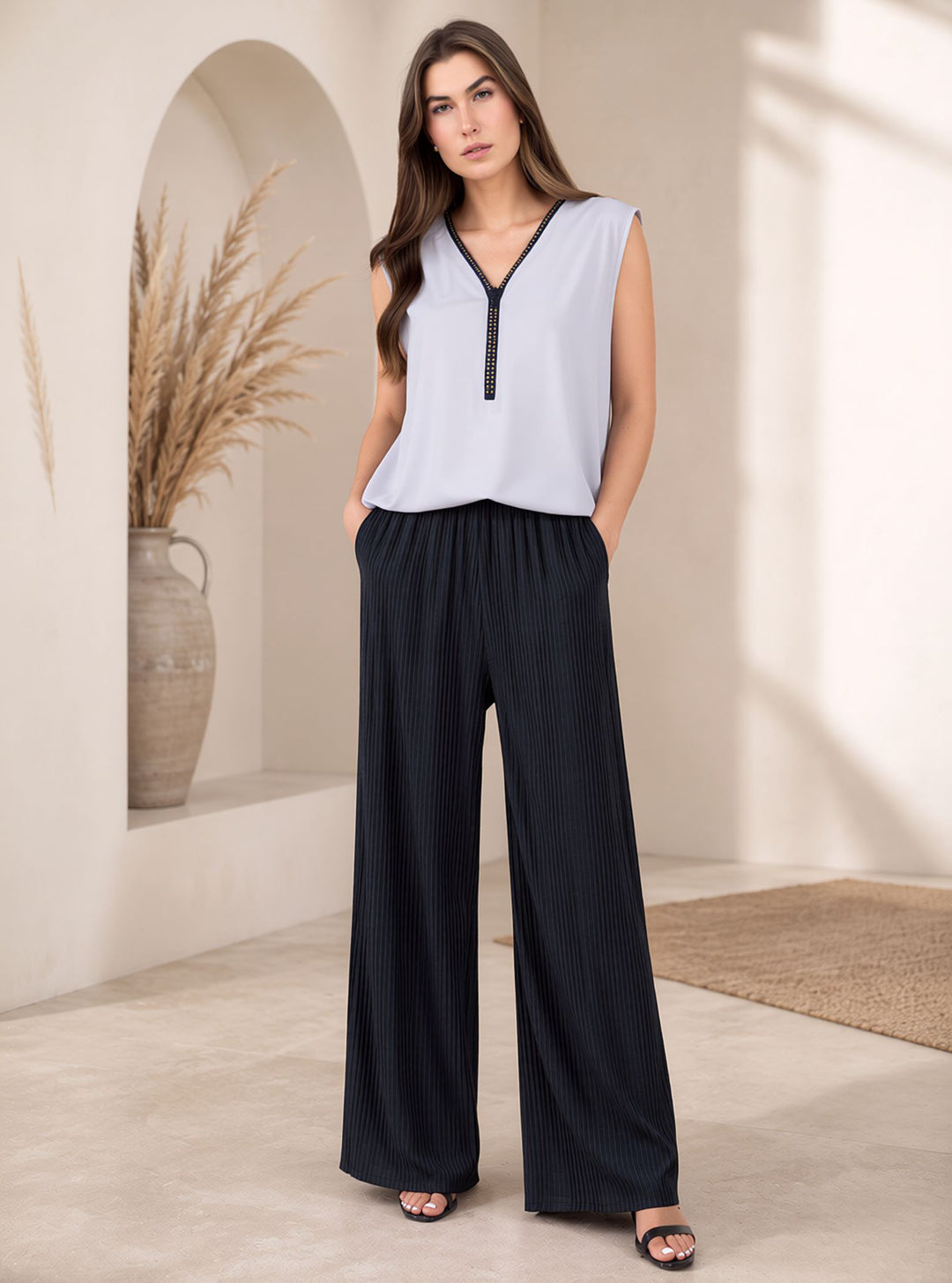 Black Crinkle Pleated Wide Leg Trousers Elasticated Waist Pants