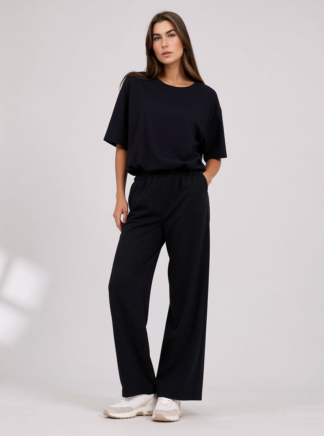 Black Cropped Top & Wide Leg Trouser Set with Seam Detail Co-ord