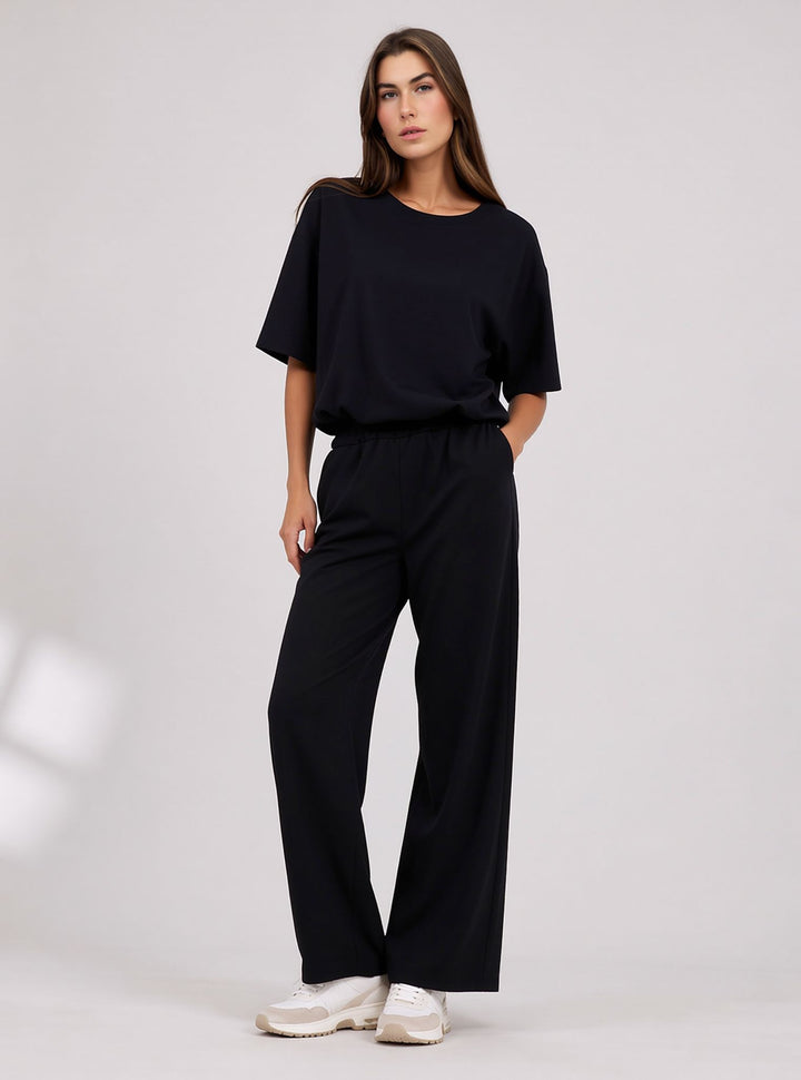 Black Cropped Top & Wide Leg Trouser Set with Seam Detail Co-ord