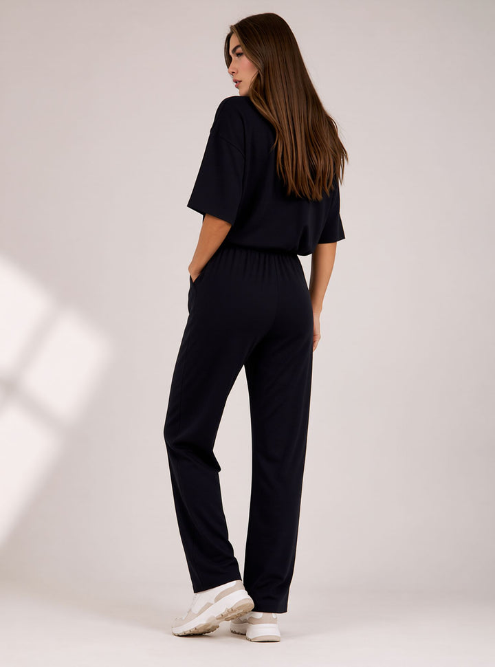 Black Cropped Top & Wide Leg Trouser Set with Seam Detail Co-ord