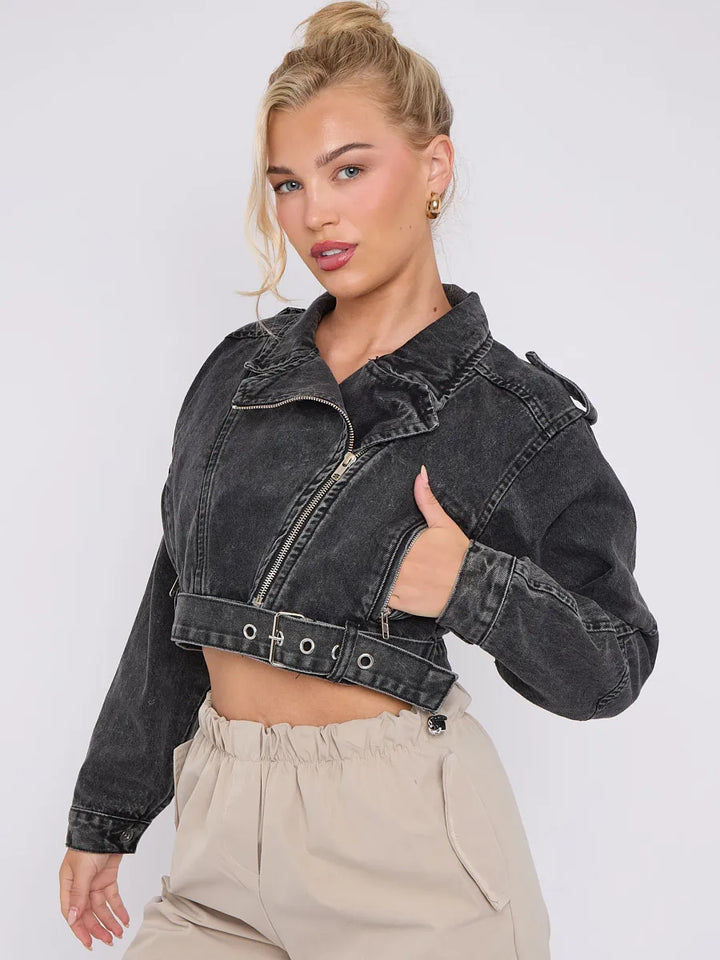 Black Cropped Zip Up Biker Denim Jacket