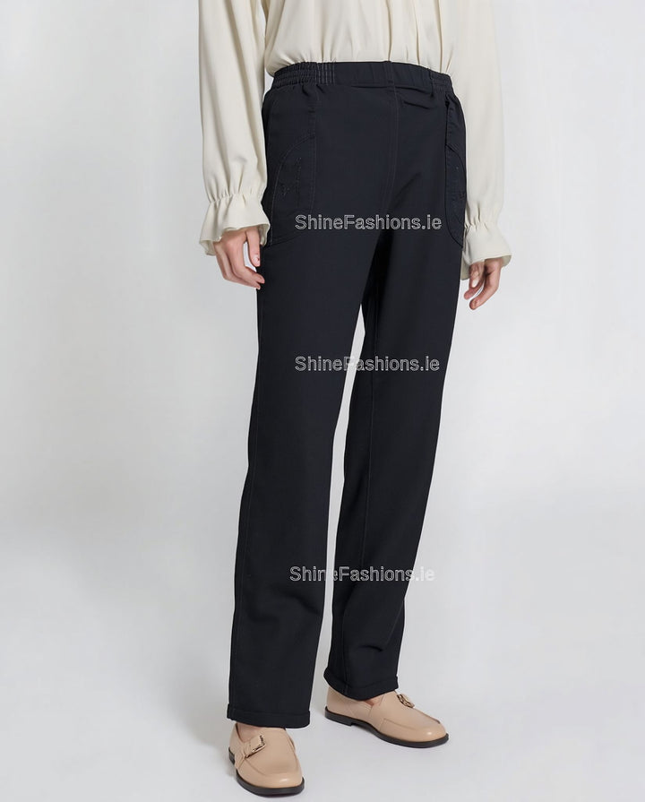 Black Denim Elastic Waist Pocket Jeans with Stretch