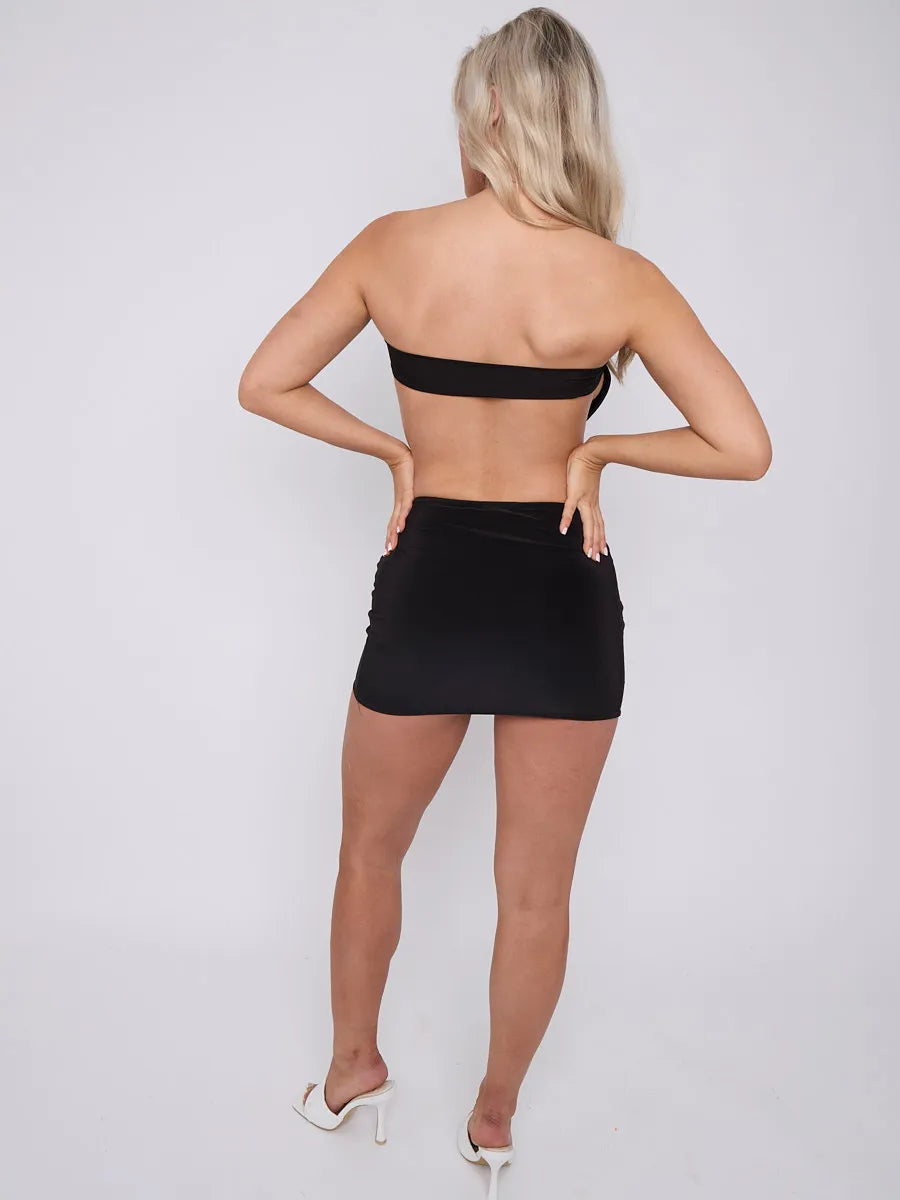 Black Diamante Buckle Bandeau Crop Top & Mini Skirt Co-ord