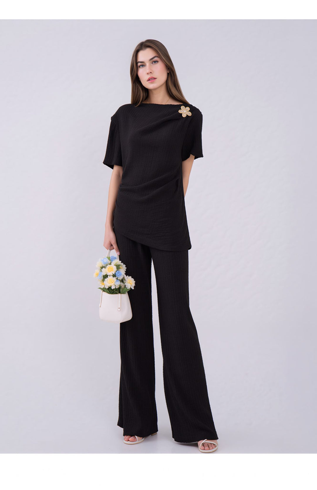 Black Elegant Draped Co-Ord Set Wide Leg Trouser & Occasion Top Outfit