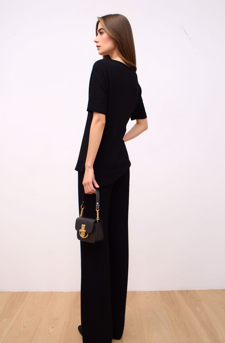 Black Elegant Draped Co-Ord Set Wide Leg Trouser & Occasion Top Outfit
