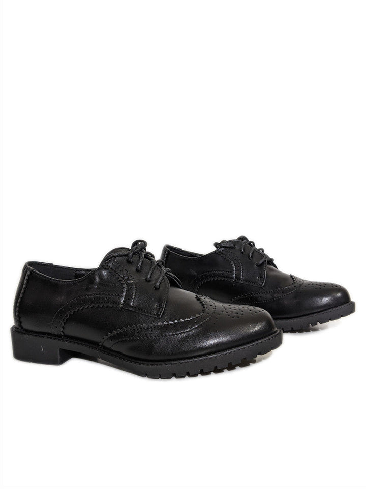 Black PU Brogue Lace Up Flat Shoes