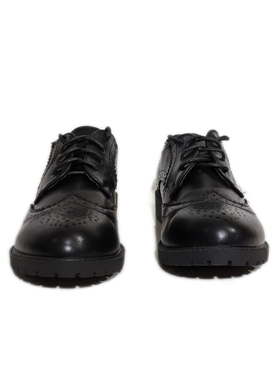 Black PU Brogue Lace Up Flat Shoes