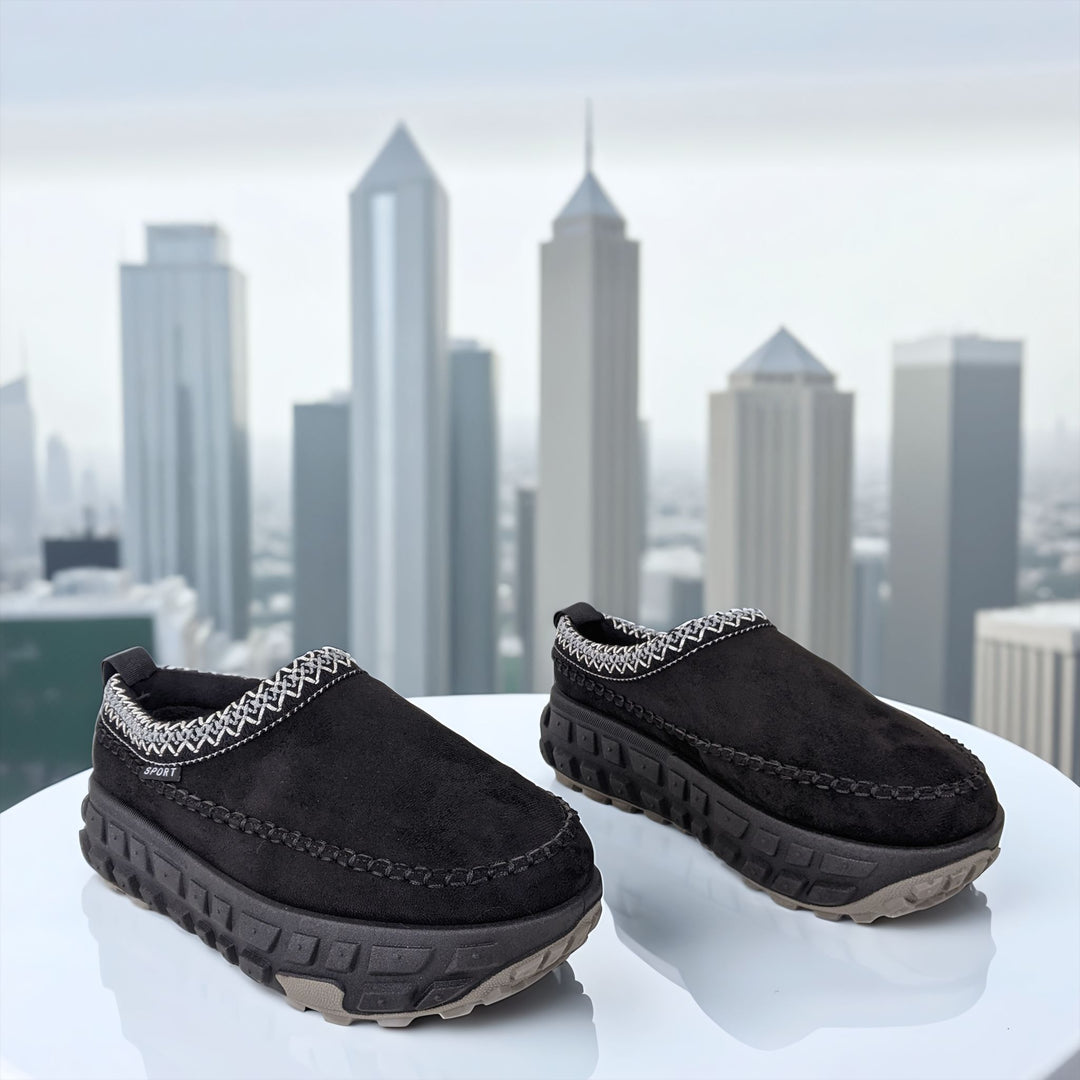 Black Faux Suede Slip On Chunky Platform Slipper Mules