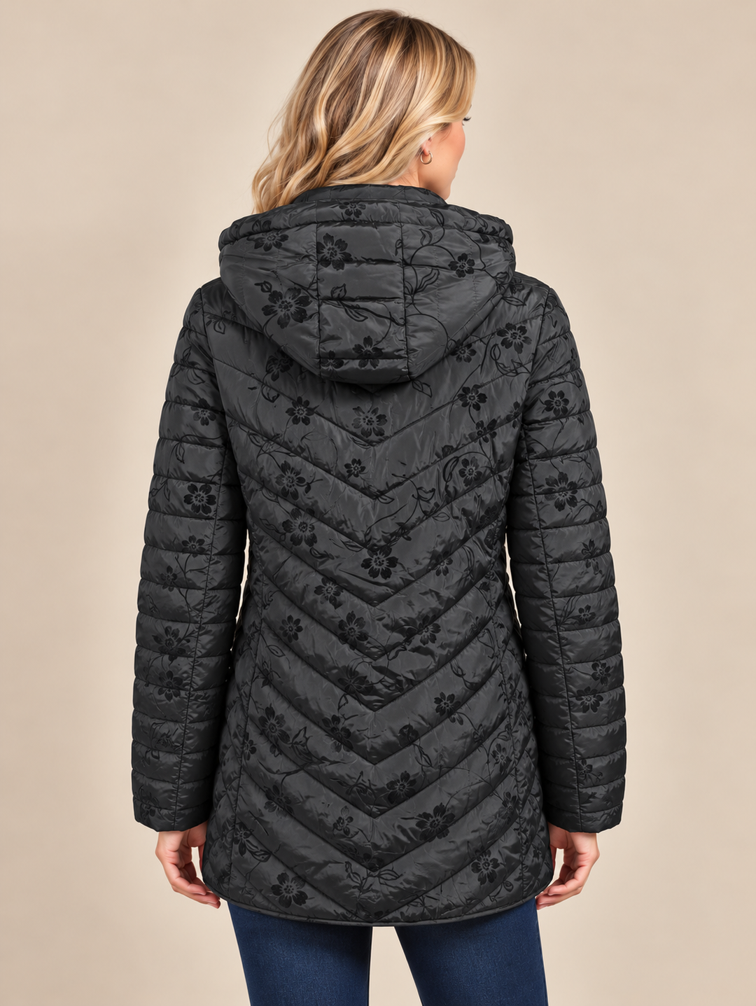 Black Floral Embroidered Quilted Hooded Padded Jacket