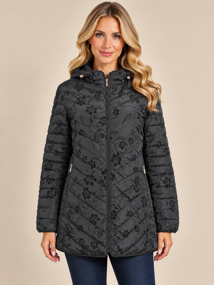Black Floral Embroidered Quilted Hooded Padded Jacket