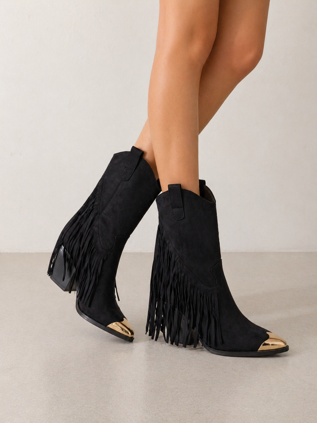 Black Fringe Cowboy Boots Western Block Heel Gold Toe Mid Calf Ankle Boots