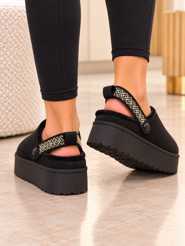 Black Fur Lined Platform Mule Clogs with Slingback Strap