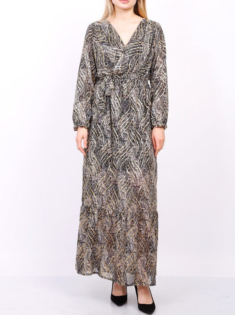 Black Gold Detail Wrap Front Long Sleeves Maxi Dress