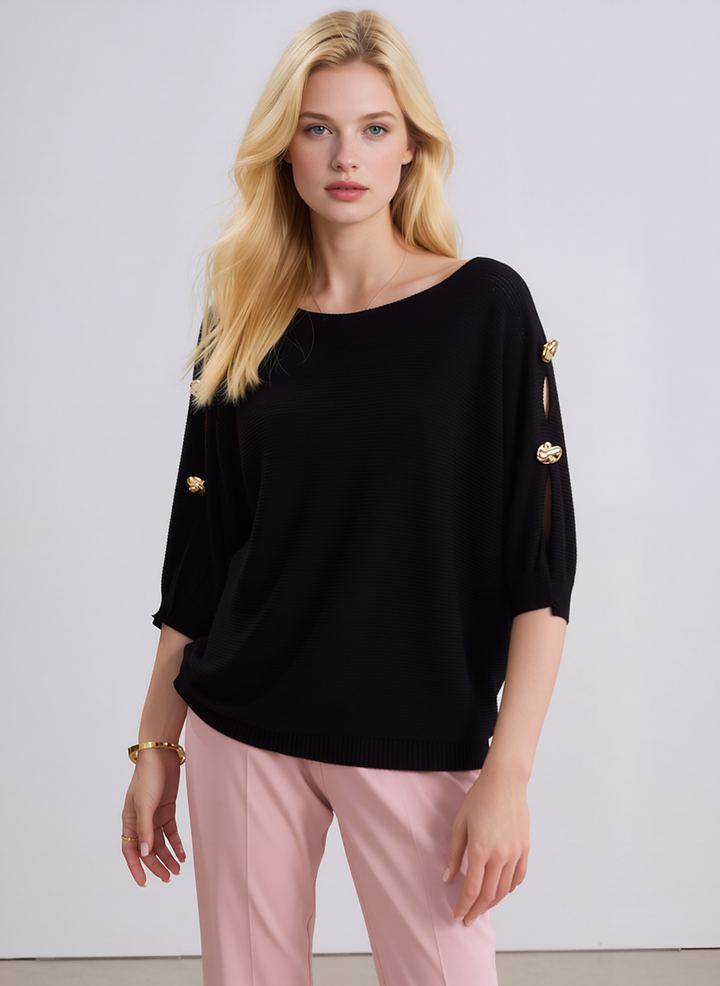 Black Knit Top with Button Sleeve Detail