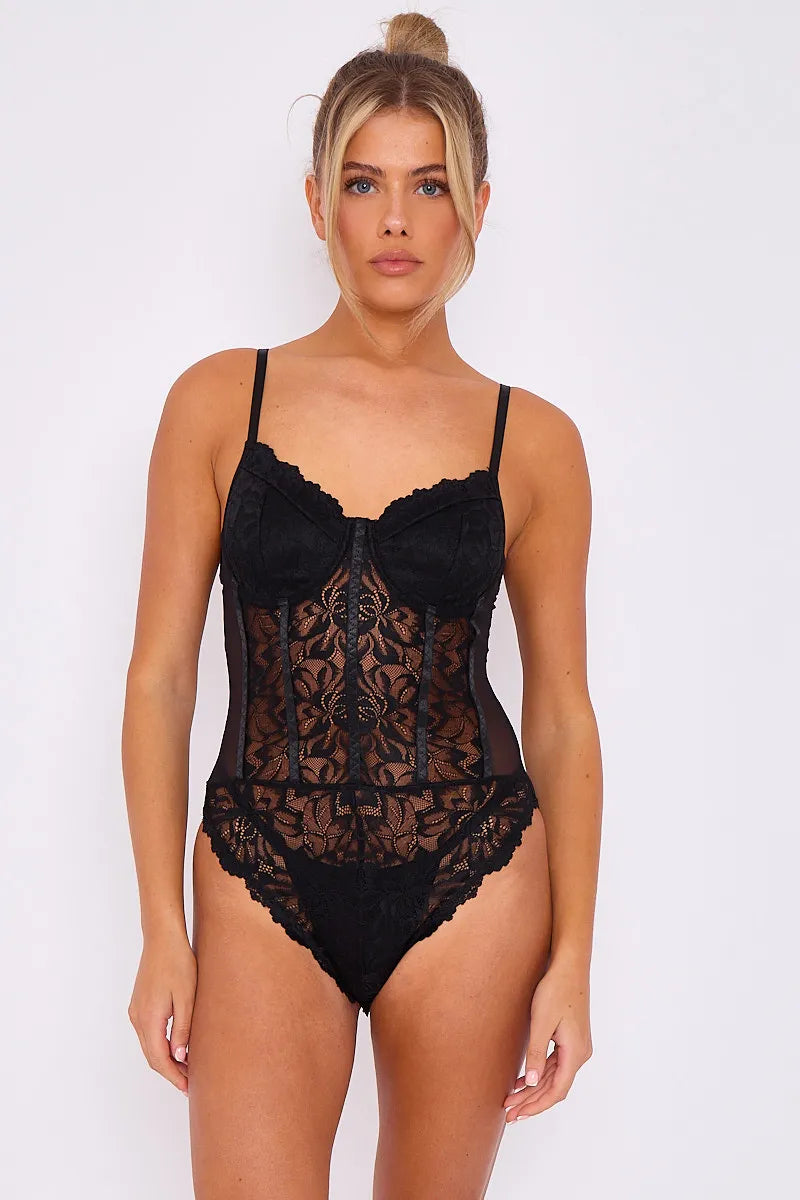 Black Lace Detail Corset Style Mesh Bodysuit