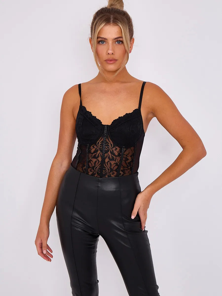 Black Lace Detail Corset Style Mesh Bodysuit