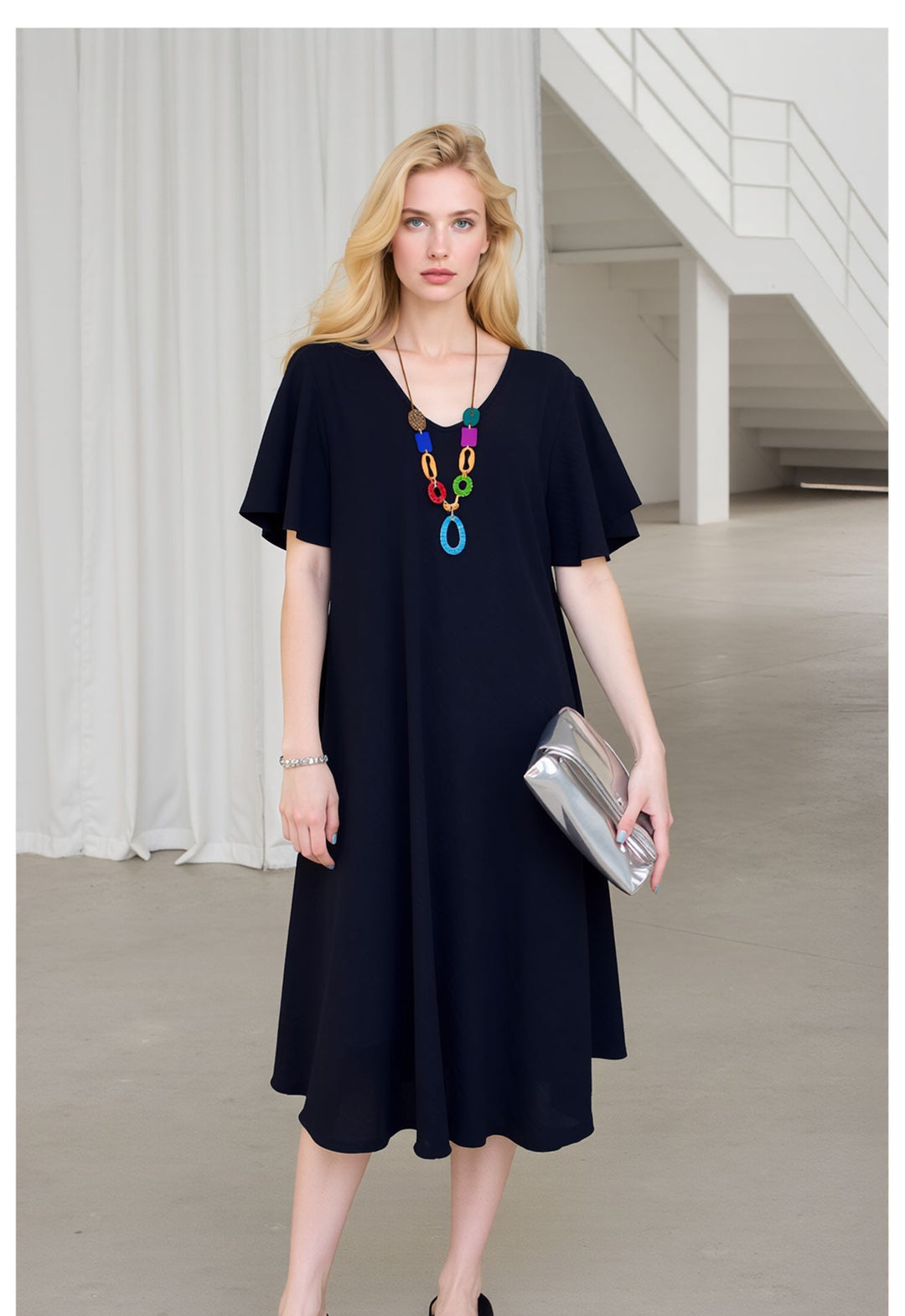 Black Midi Dress Loose Fit Short Sleeve Swing Dress with Statement Nec ShineFashions.ie Black Midi Dress Loose Fit Short Sleeve Swing Dress with Statement Nec ShineFashions.ie