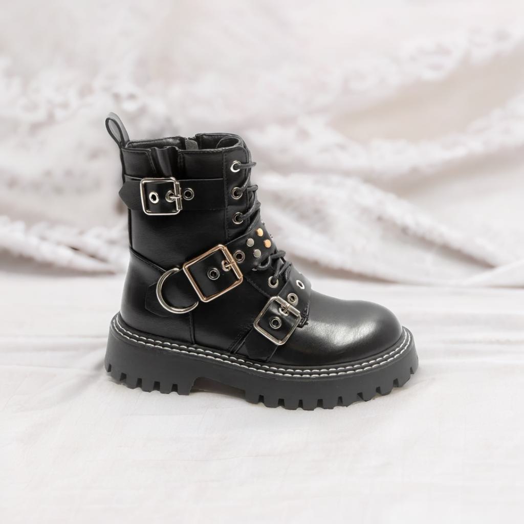 Black Multi Strap Studded Biker Boot