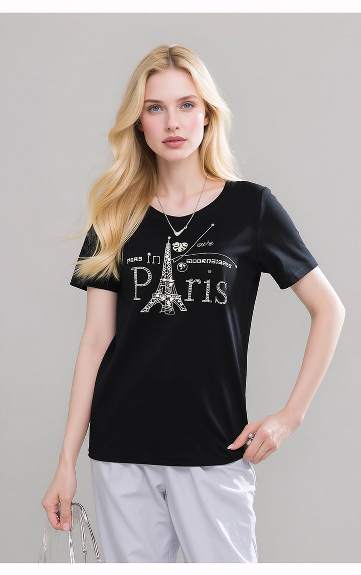 Black Paris Eiffel Tower Graphic Fashion T-Shirt