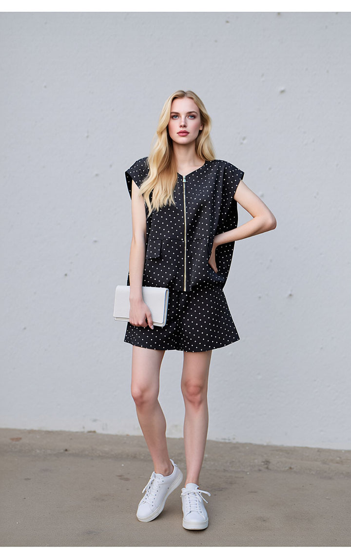 Black Polka Dot Co-Ord Set Sleeveless Zip Front Top & Shorts Two Piece