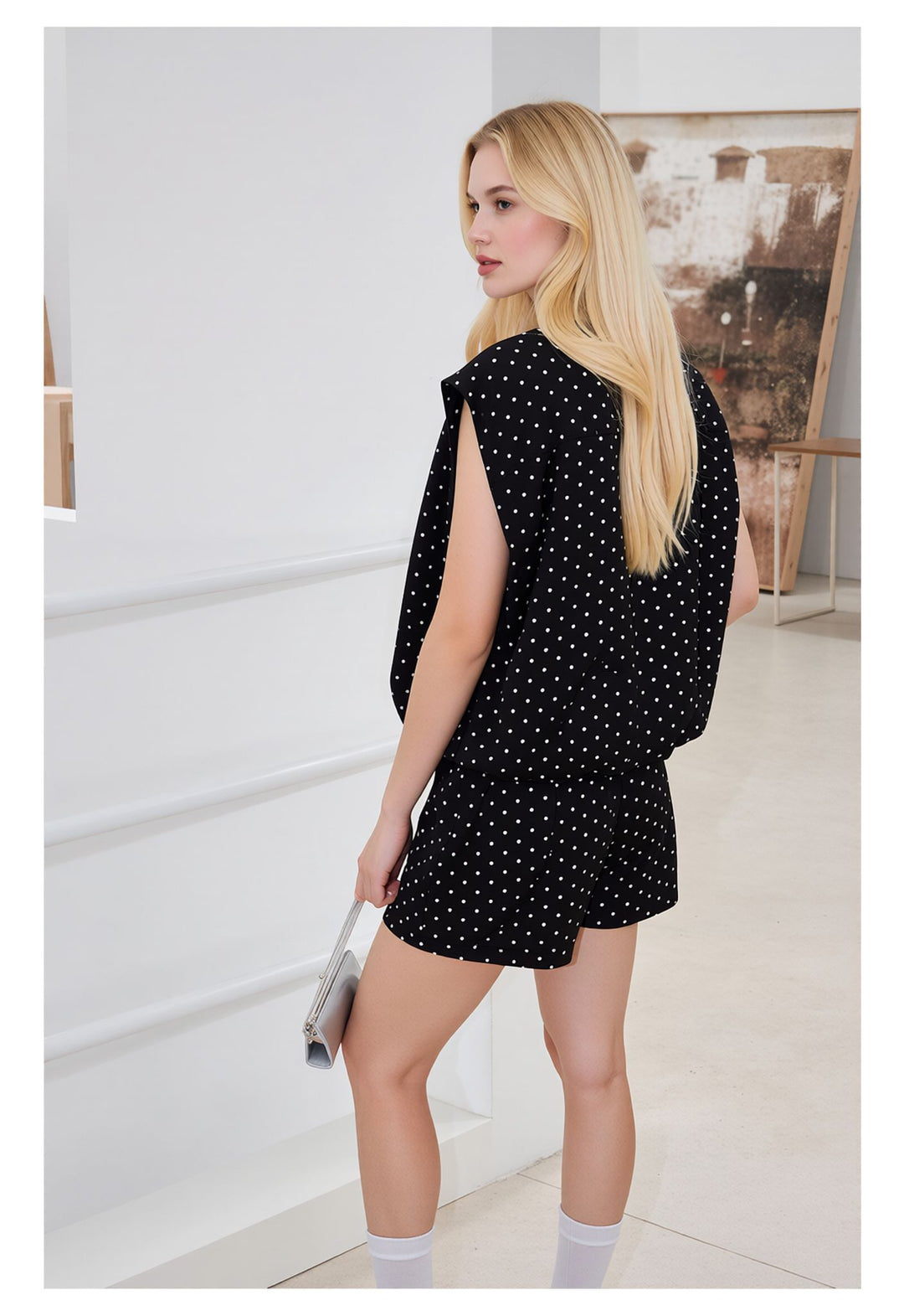Black Polka Dot Co-Ord Set Sleeveless Zip Front Top & Shorts Two Piece