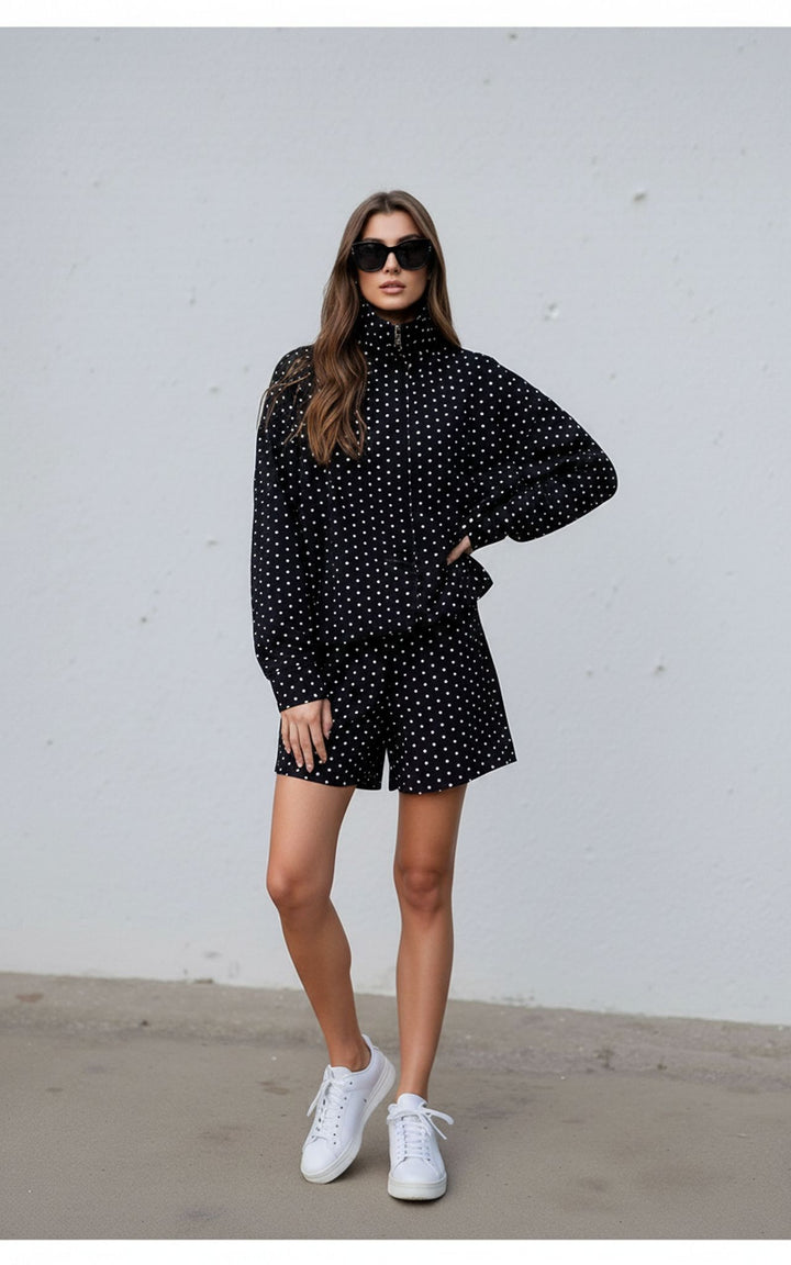 Black Polka Dot Oversized Jacket & Shorts Loungewear Chic Co-ord