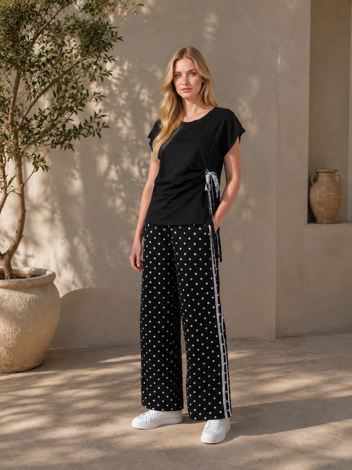 Black Polka Dot Wide Leg With Side Stripe Trousers