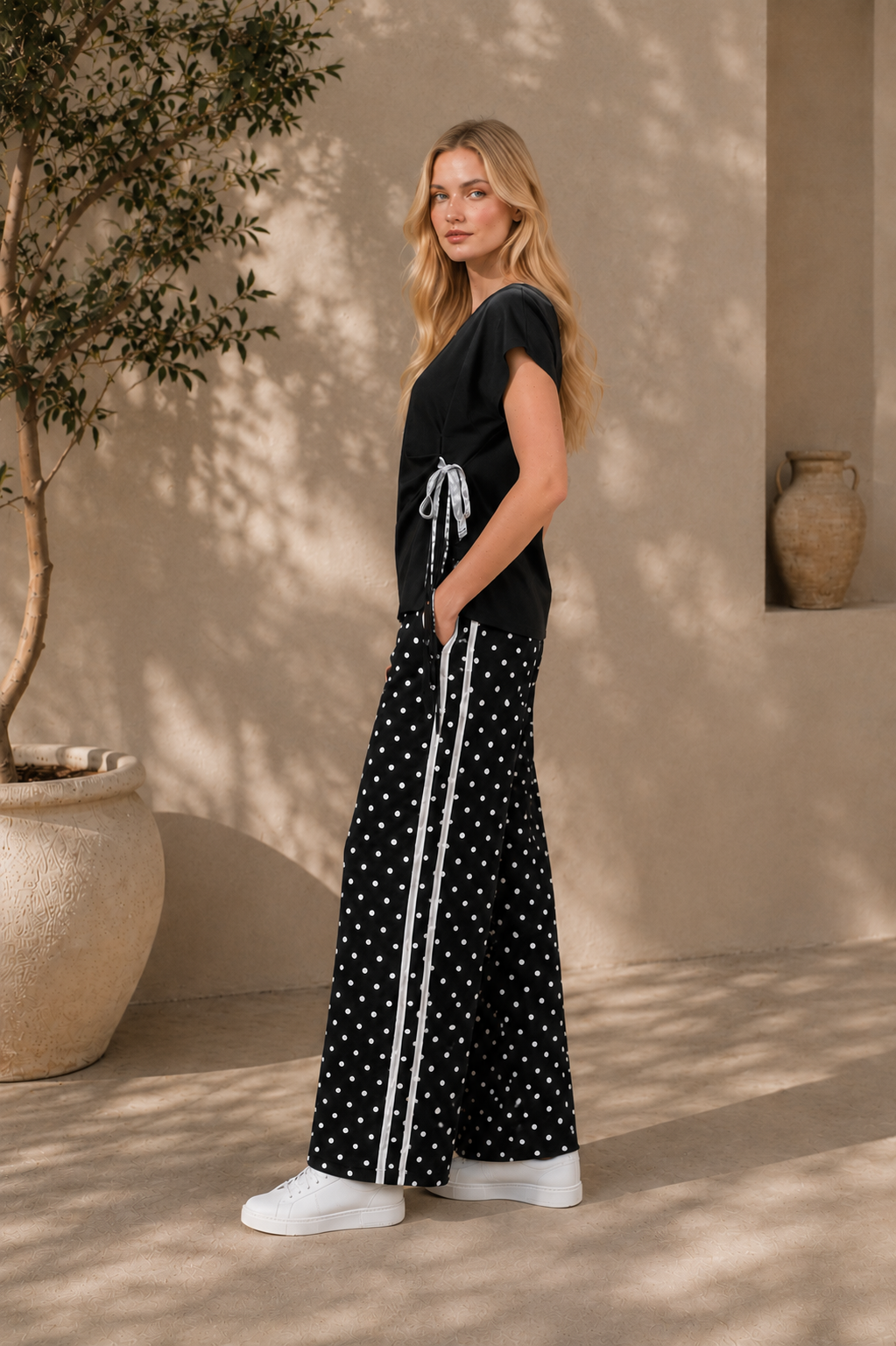 Black Polka Dot Wide Leg With Side Stripe Trousers