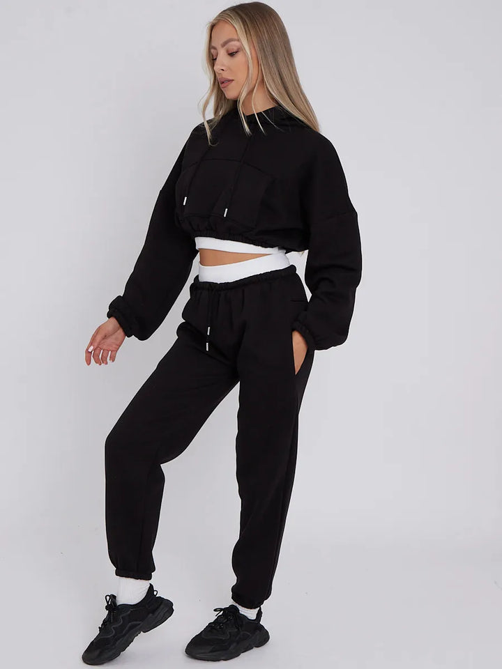 Black Rib Trim Detail Cropped Hoodie & Joggers Loungewear Set