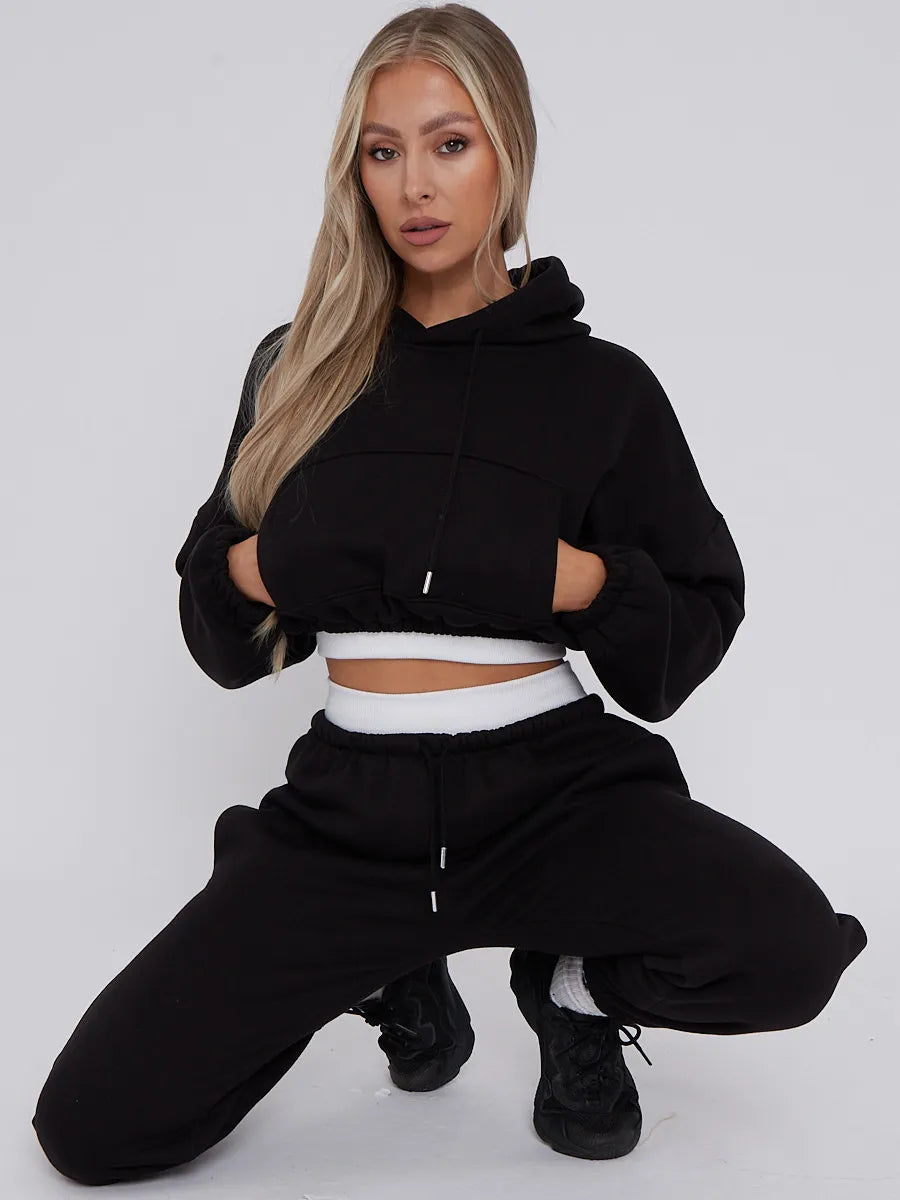 Black Rib Trim Detail Cropped Hoodie & Joggers Loungewear Set