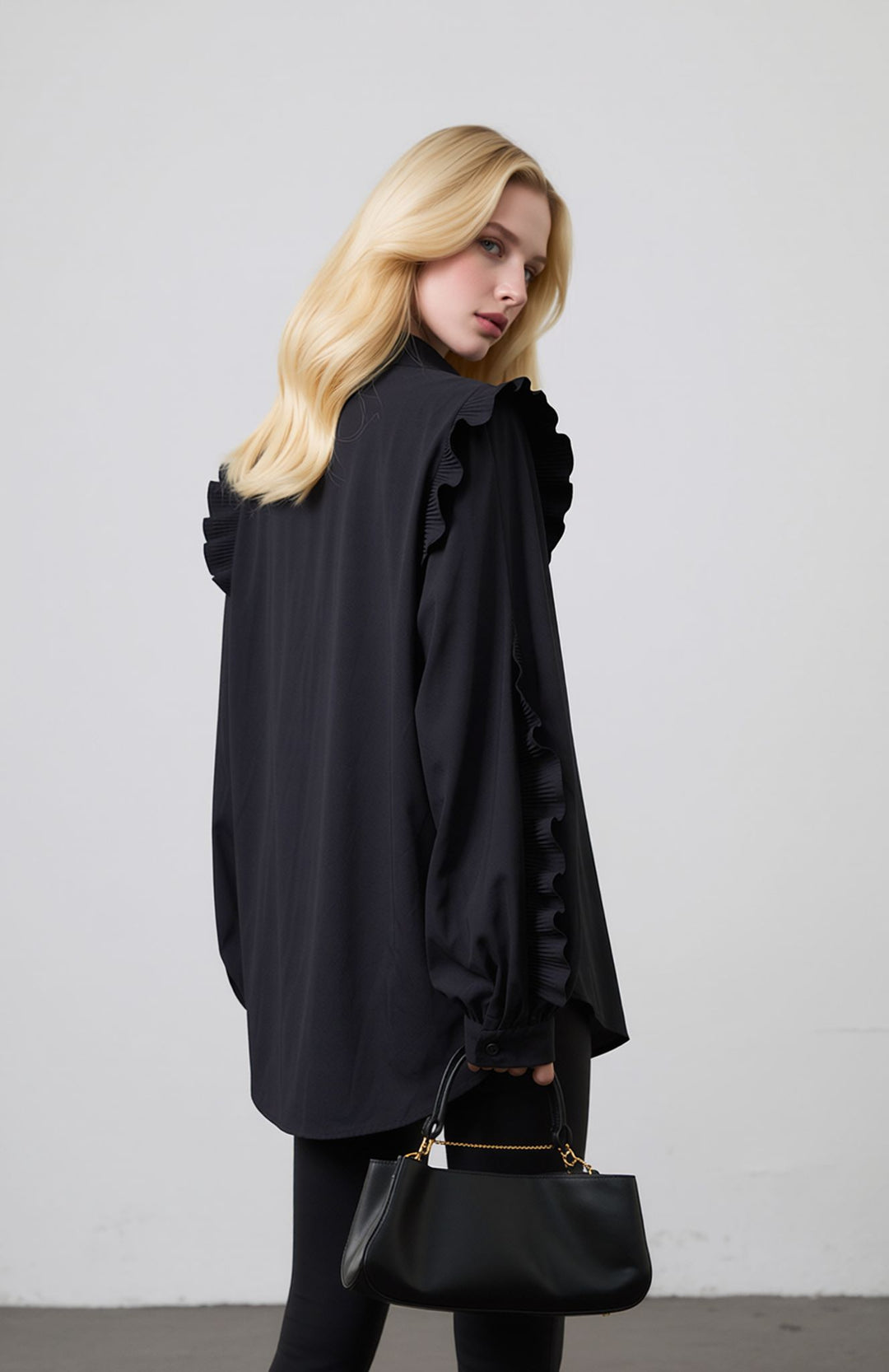 Black Ruffle Sleeve Shirt Elegant Button Blouse