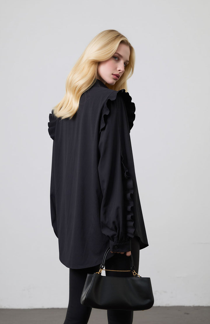 Black Ruffle Sleeve Shirt Elegant Button Blouse