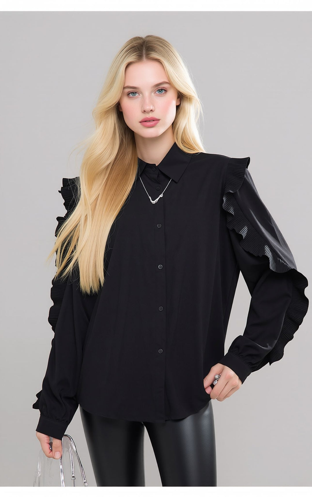 Black Ruffle Sleeve Shirt Elegant Button Blouse