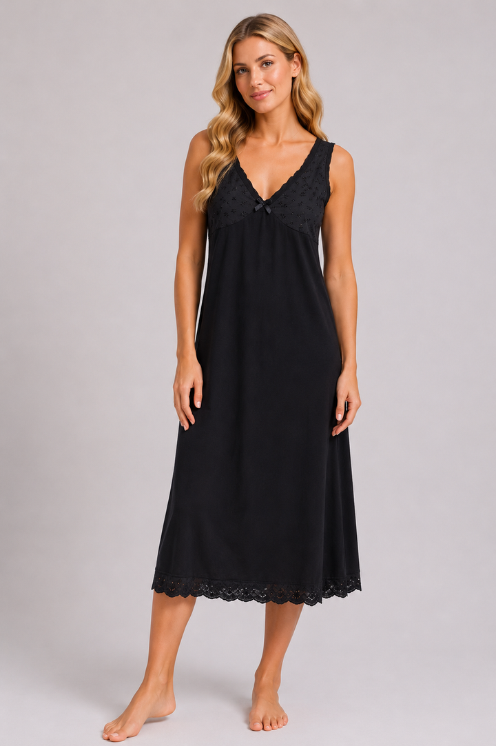 Black Sleeveless Ireland Soft Lace Trim Midi Nightdress