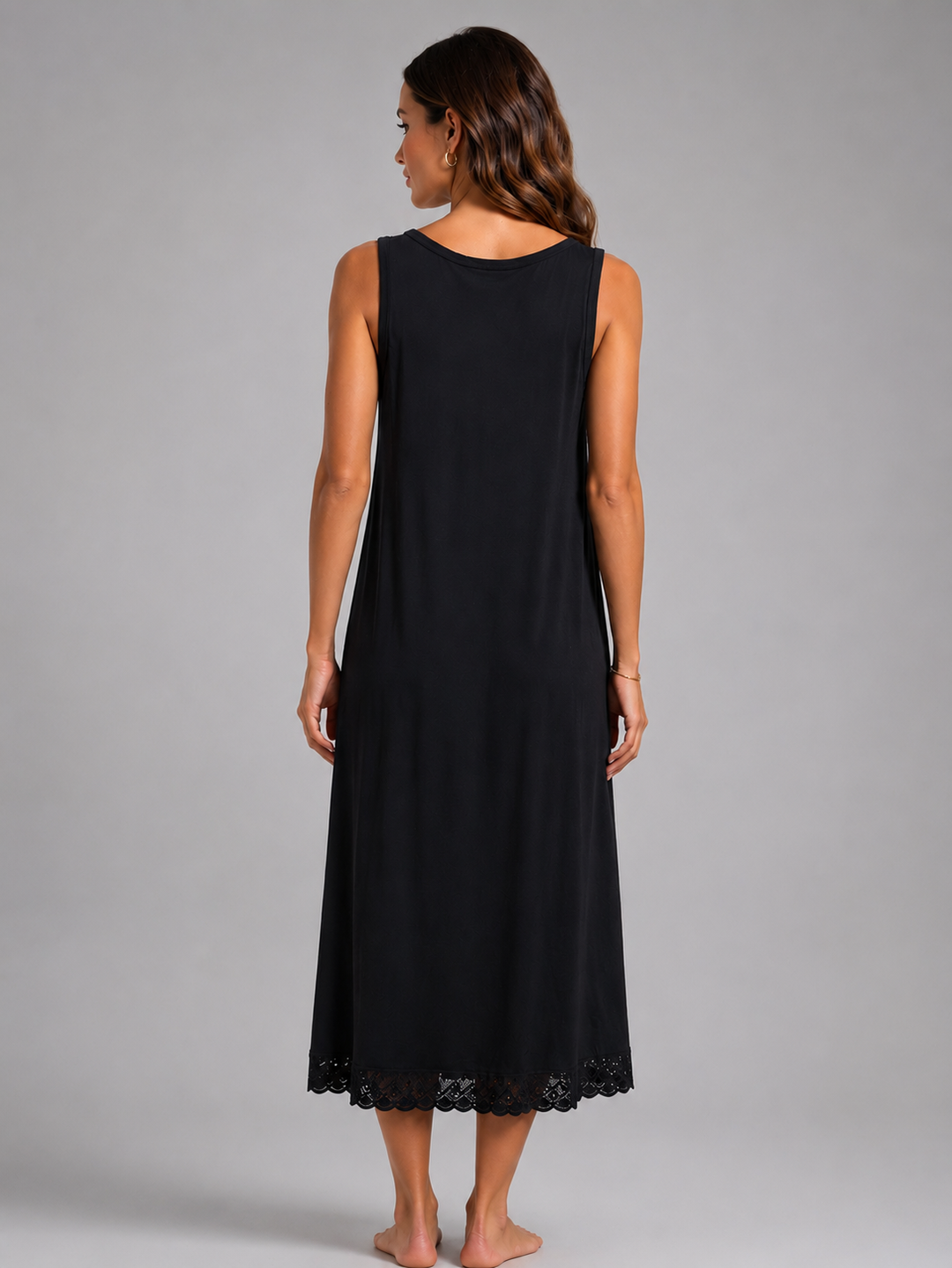 Black Sleeveless Ireland Soft Lace Trim Midi Nightdress