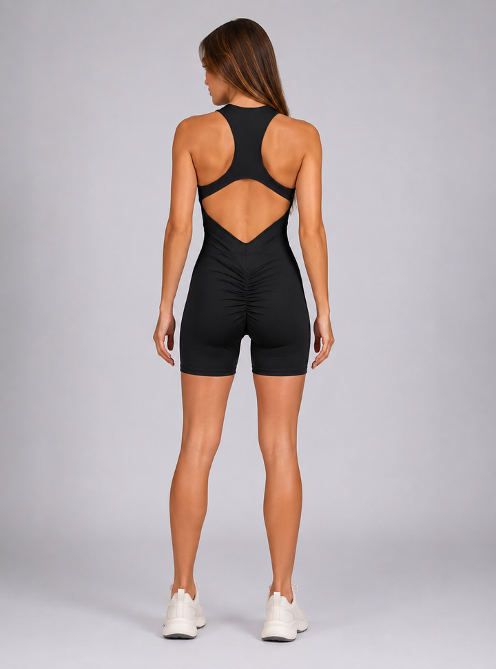 Black Sleeveless Zip Front Active Gym Unitard Fitness Ruched Back Playsuit