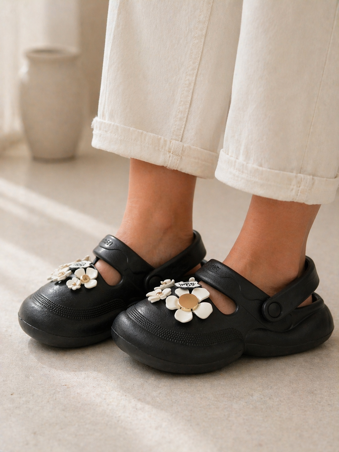 Black Slip On Comfortable Clogs Sandals with Charms