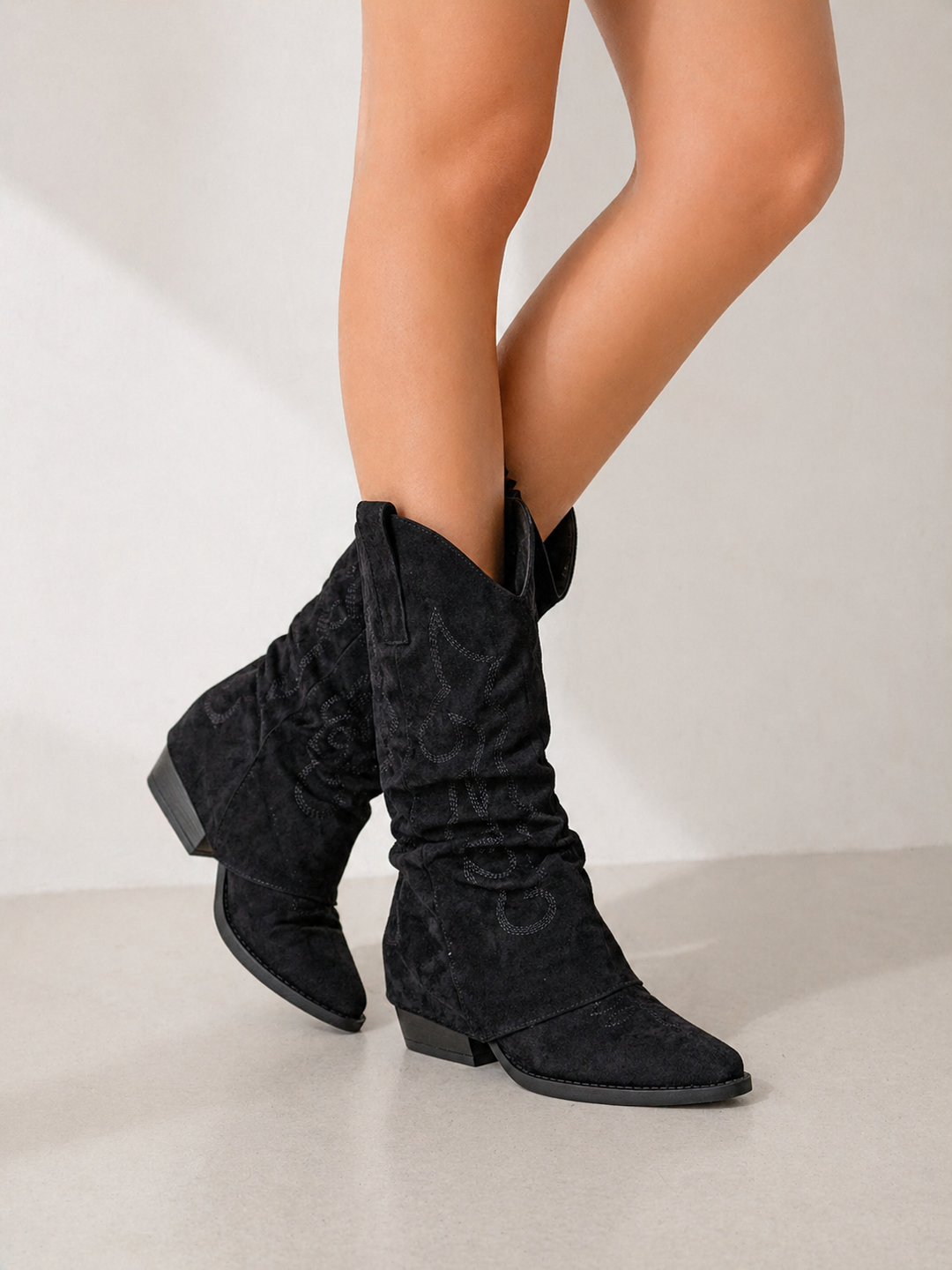 Black Slouchy Cowboy Boots Mid Calf Western Boots