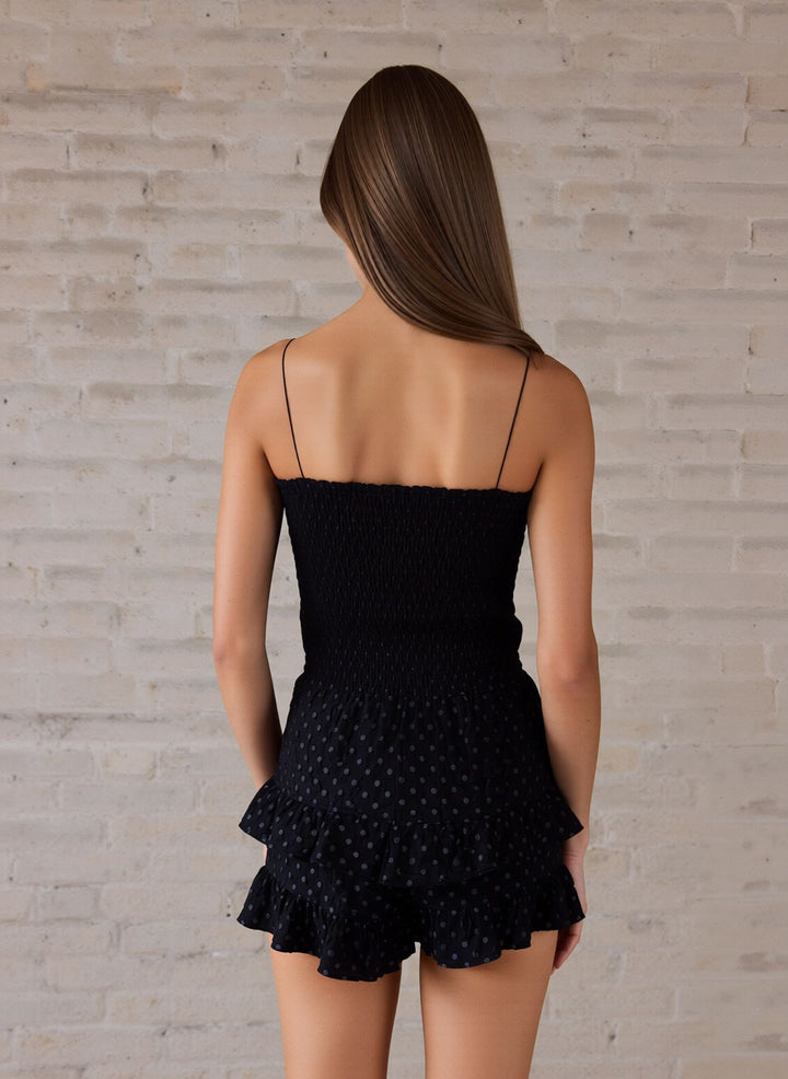 Black Strapless Polka Dot with Tiered Ruffle Hem Summer Cotton Playsuit