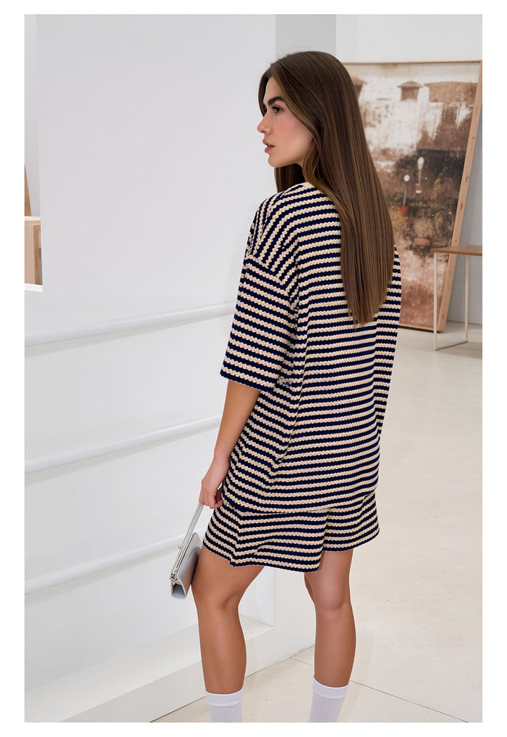 Black Striped Knitted Co-Ord Shorts Set with Oversized Top