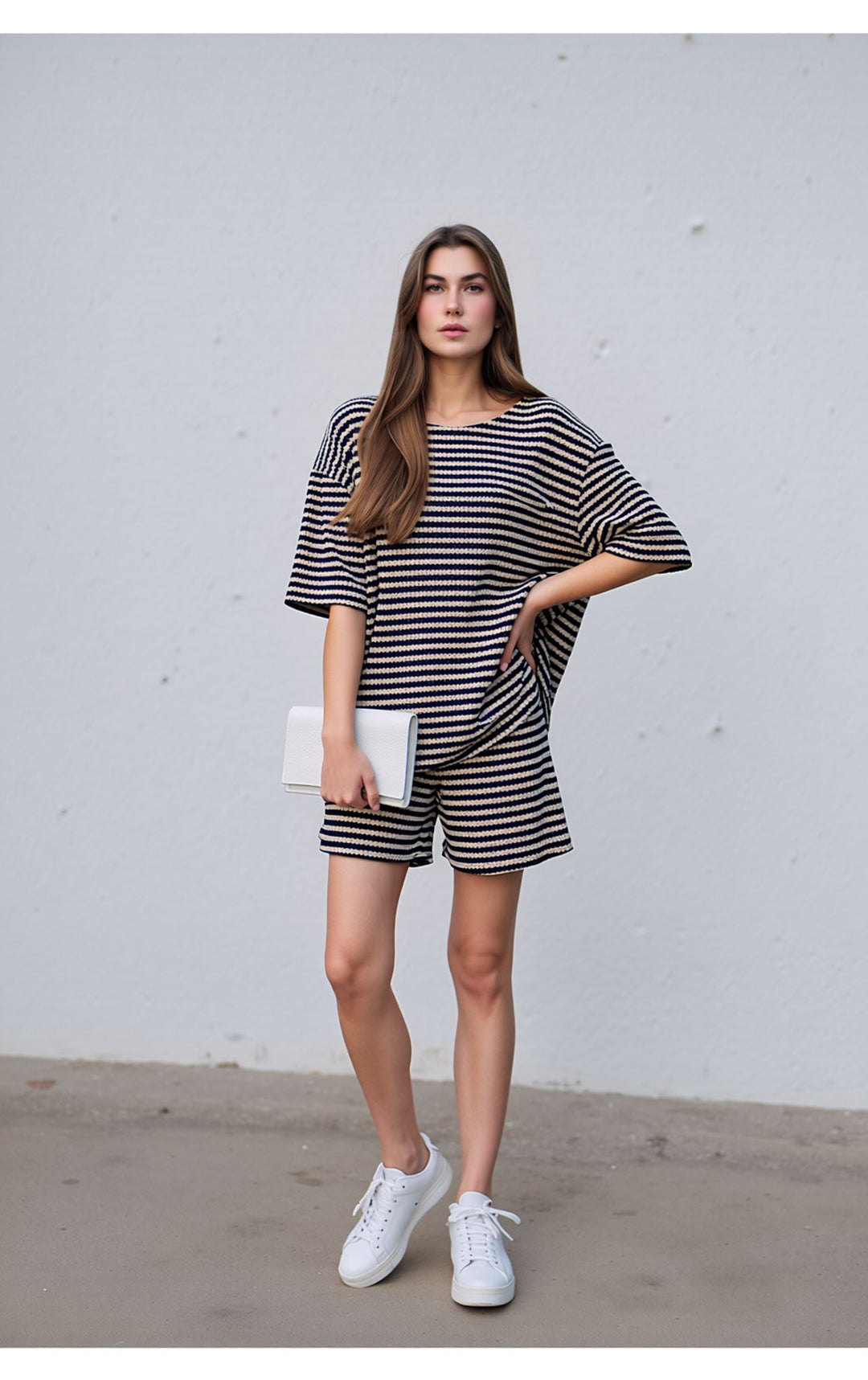 Black Striped Knitted Co-Ord Shorts Set with Oversized Top