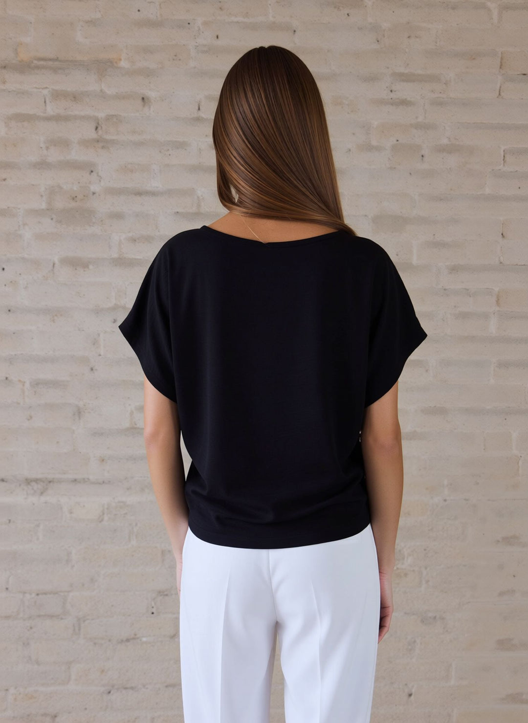 Black Tie-Front Batwing Sleeve Necklace Blouse Relaxed Fit Casual Top Summer Shirt